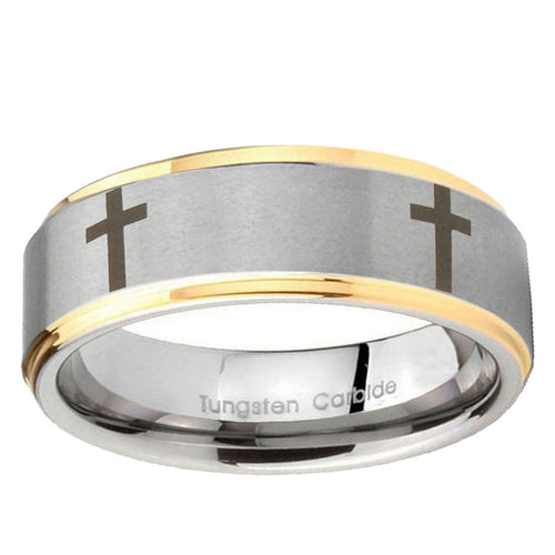 5mm Crosses Step Edges Gold 2 Tone Tungsten Men's Ring
