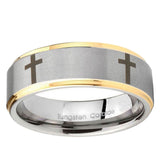 5, 8mm Crosses Step Edge Gold 2 Tone Tungsten Ring