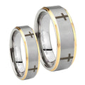 Crosses Step Edges Gold 2 Tone Tungsten Wedding Ring Sets
