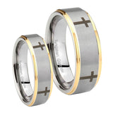 Bride and Groom Crosses Step Edges Gold 2 Tone Tungsten Mens Promise Ring Set