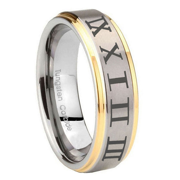 8mm-Roman-Numeral-Step-Edges-Gold-2-Tone-Tungsten-Wedding-Engagement-Ring