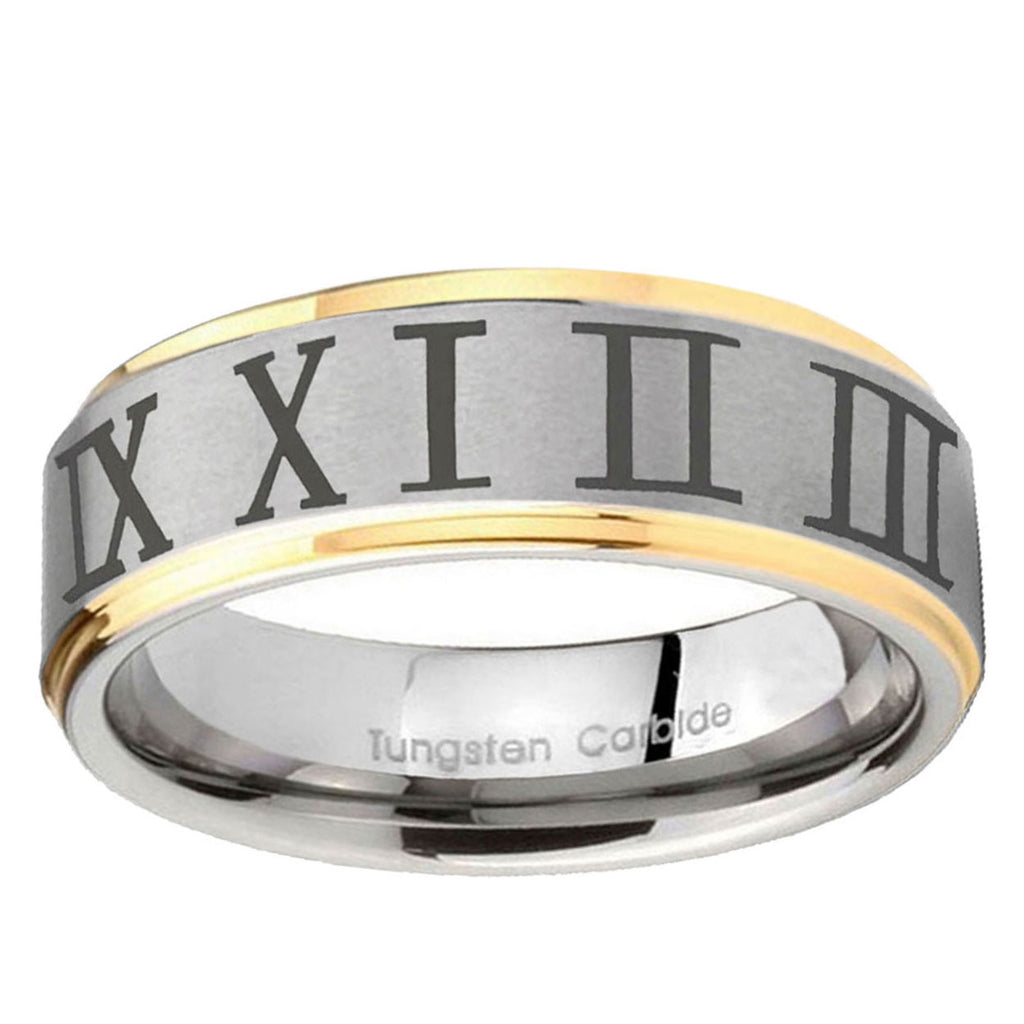 5mm Roman Numeral Step Edges Gold 2 Tone Tungsten Ring