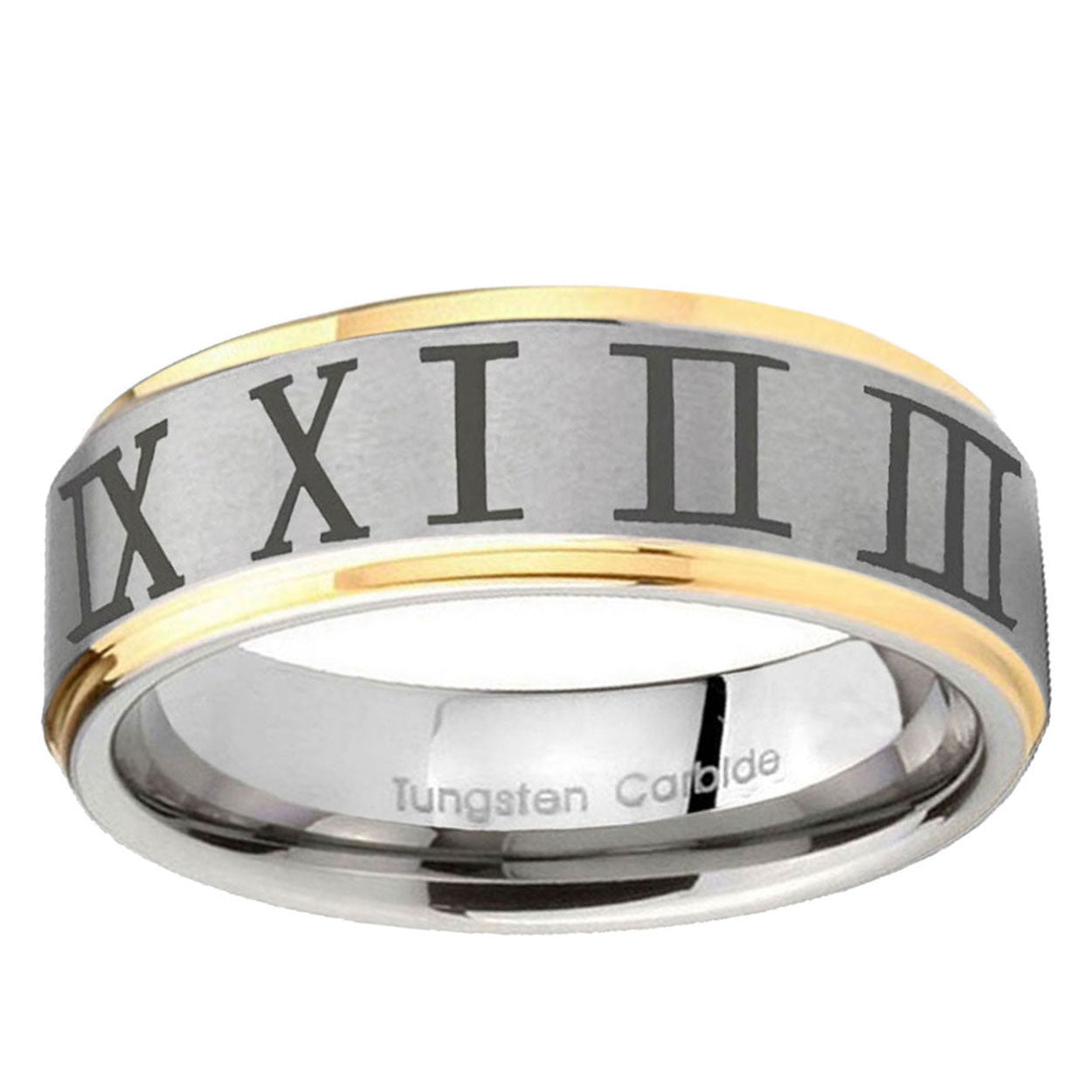 5mm Roman Numeral Step Edges Gold 2 Tone Tungsten Ring