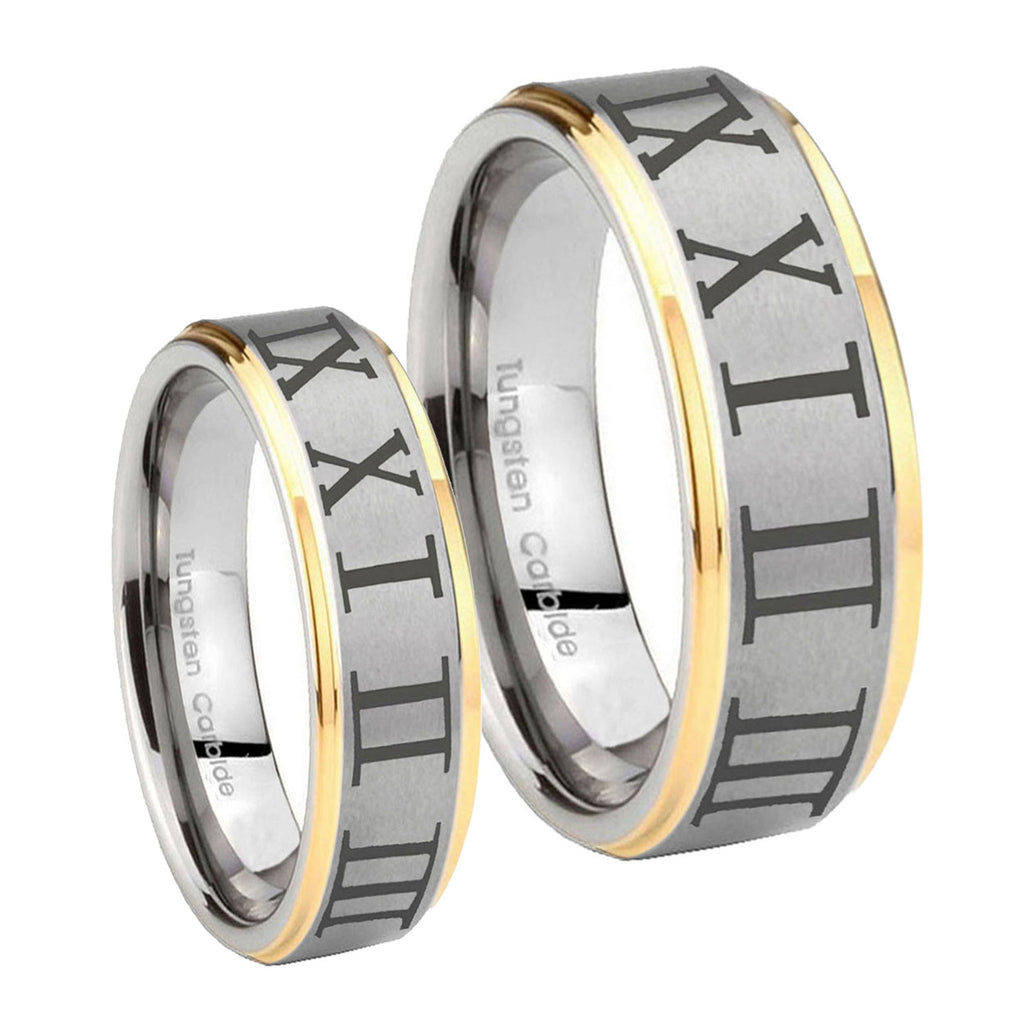 Roman Numeral Step Edges Gold 2 Tone Tungsten Couple Wedding Bands