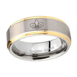 10mm-Fleur-De-Lis-Step-Edges-Gold-2-Tone-Tungsten-Carbide-Bands-Ring