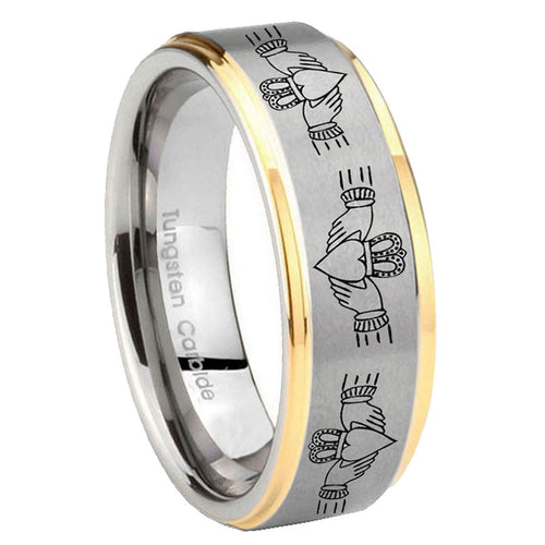 10mm Irish Claddagh Step Edges Gold 2 Tone Tungsten Wedding Engagement Ring
