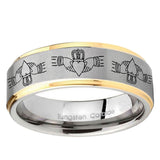 10mm Irish Claddagh Step Edge Gold 2 Tone Tungsten Ring