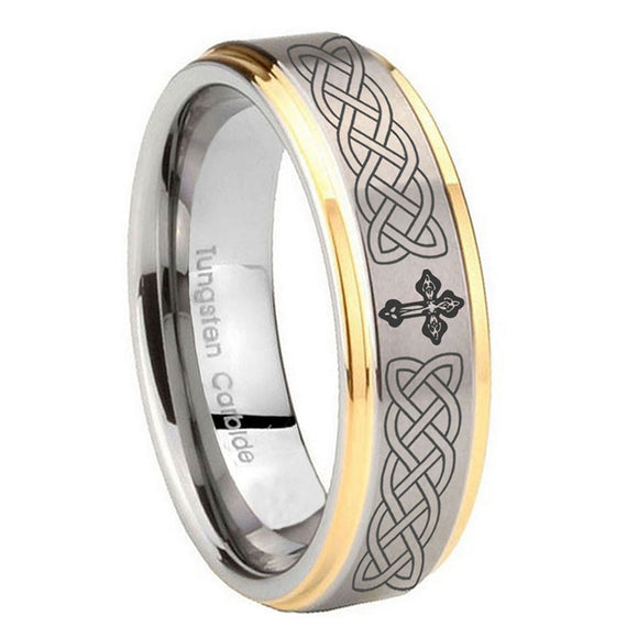 10mm-Celtic-Cross-Step-Edges-Gold-2-Tone-Tungsten-Wedding-Engraving-Ring