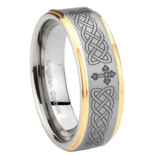 8mm Celtic Cross Step Edges Gold 2 Tone Tungsten Ring