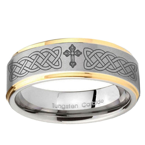 5mm Celtic Cross Step Edges Gold 2 Tone Tungsten Ring