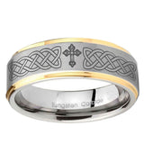5, 8mm Celtic Cross Step Edge Gold 2 Tone Tungsten Ring