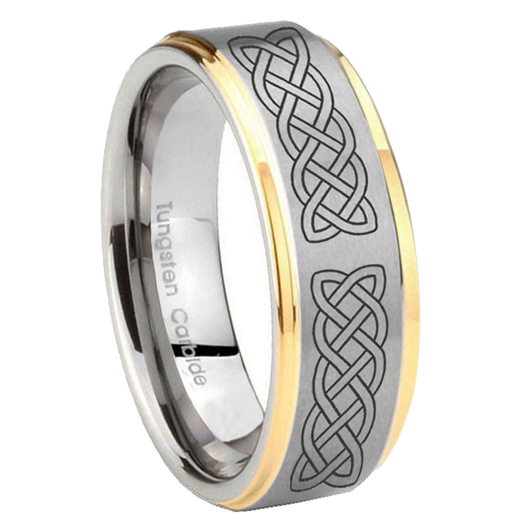 8mm Celtic Knot Step Edges Gold 2 Tone Tungsten Bands Ring