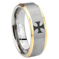 8mm Maltese Cross Step Edges Gold 2 Tone Tungsten Ring