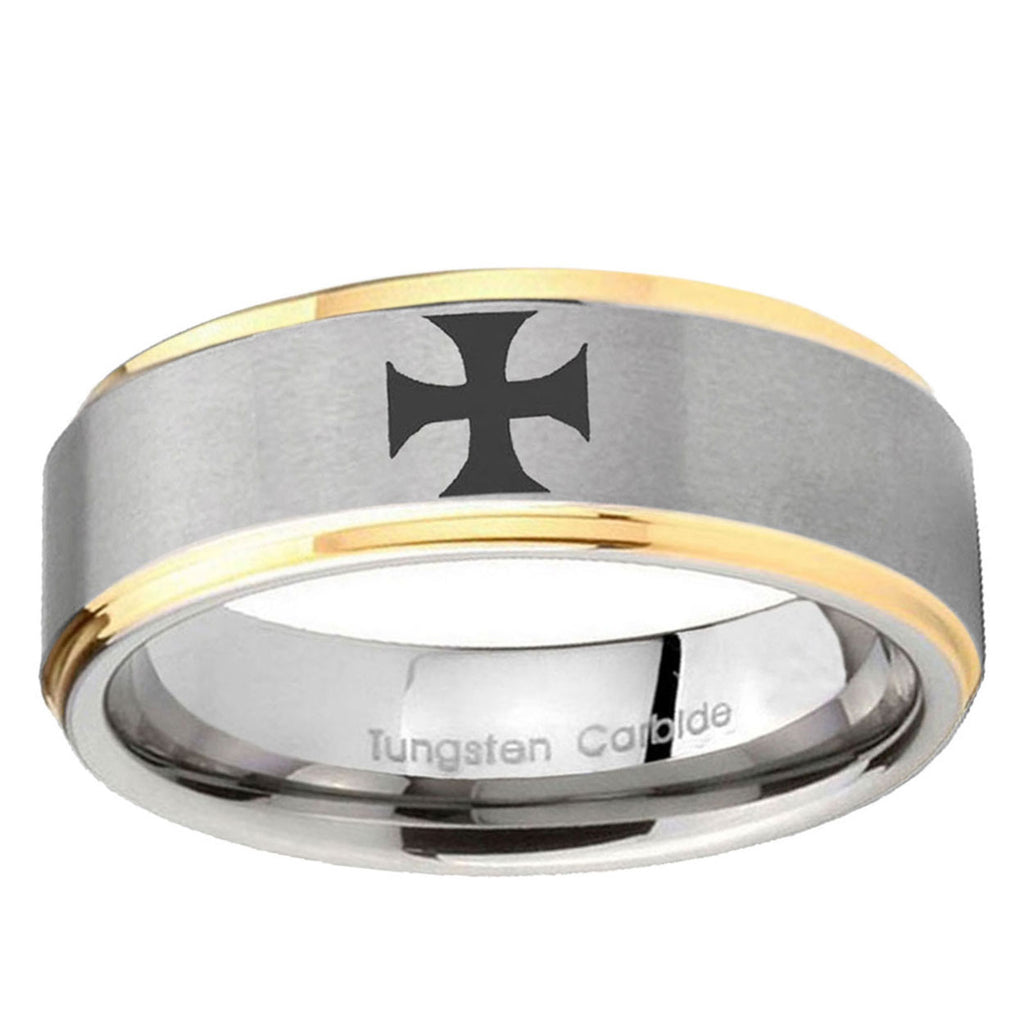 5mm Maltese Cross Step Edges Gold 2 Tone Tungsten Ring