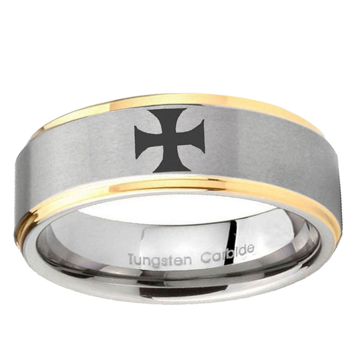 5mm Maltese Cross Step Edges Gold 2 Tone Tungsten Ring