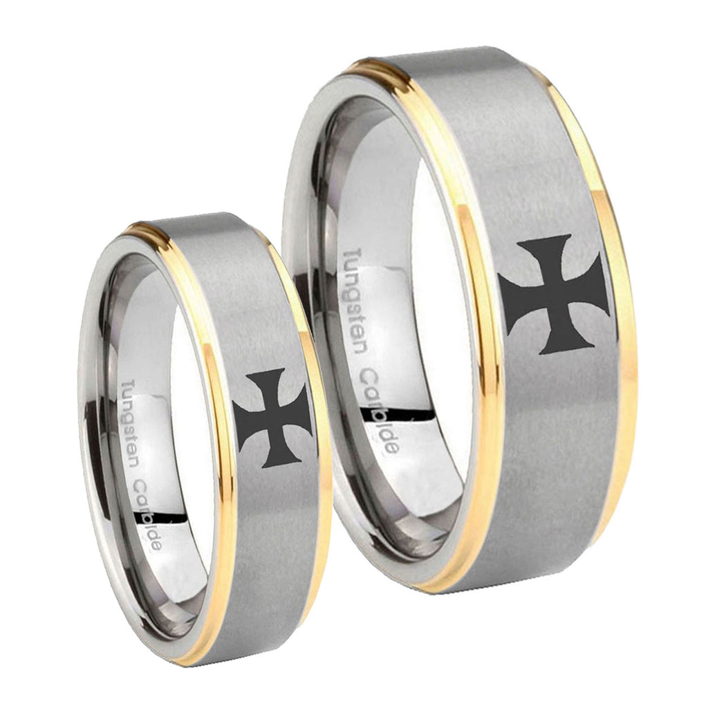 Maltese Cross Step Edges Gold 2 Tone Tungsten Bridal Ring Sets