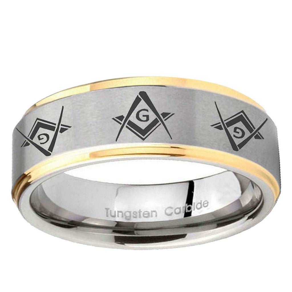 10mm Master Mason Masonic Step Edge Gold 2 Tone Tungsten Custom Ring for Men