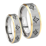 His Hers Master Mason Masonic  Step Edges Gold 2 Tone Tungsten Bands Ring Set