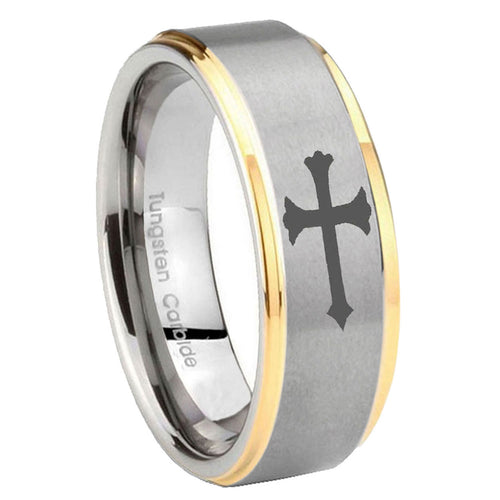 8mm Christian Cross Step Edges Gold 2 Tone Tungsten Ring