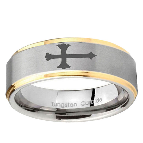 5mm Christian Cross Step Edges Gold 2 Tone Tungsten Ring