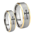 Christian Cross Step Edges Gold 2 Tone Tungsten Wedding Set Rings