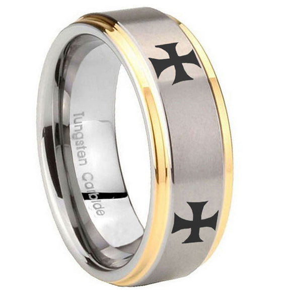 10mm-4-Maltese-Cross-Step-Edges-Gold-2-Tone-Tungsten-Men's-Promise-Rings