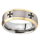 10mm-4-Maltese-Cross-Step-Edges-Gold-2-Tone-Tungsten-Men's-Promise-Rings