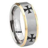 His Hers 4 Maltese Cross Step Edges Gold 2 Tone Tungsten Men's Ring Set