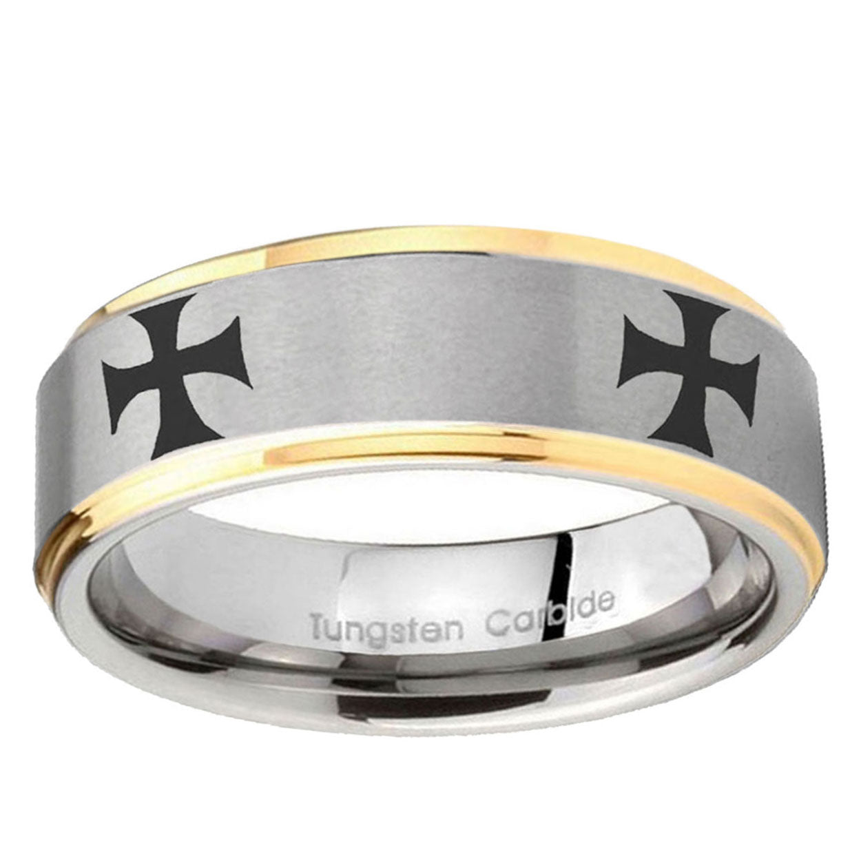 10mm 4 Maltese Cross Step Edge Gold 2 Tone Tungsten Men's Promise Rings