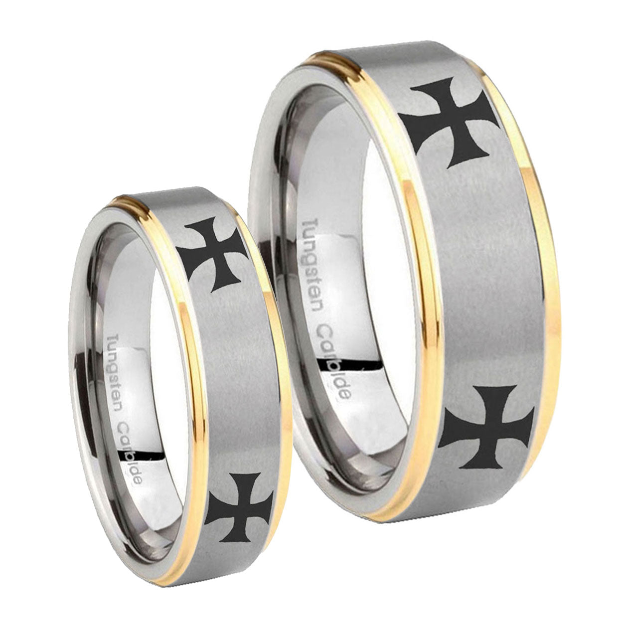 4 Maltese Cross Step Edges Gold 2 Tone Tungsten Couple Wedding Rings