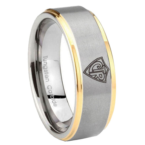 8mm CTR Step Edges Gold 2 Tone Tungsten Mens Ring Engraved
