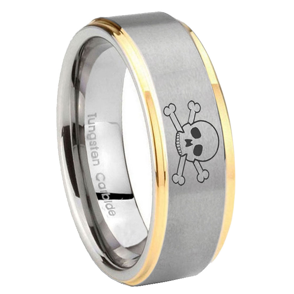 8mm Skull Step Edges Gold 2 Tone Tungsten Men's Wedding Ring