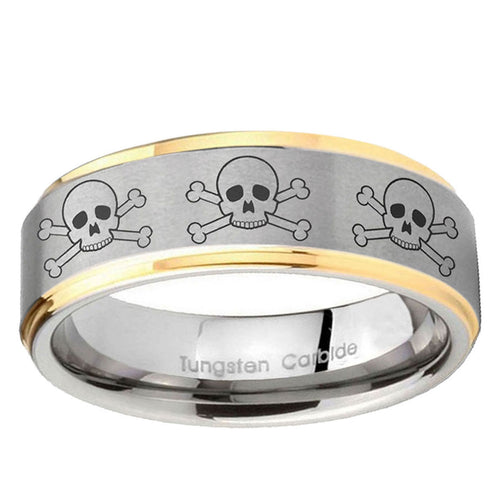 10mm Multiple Skull Step Edge Gold 2 Tone Tungsten Ring