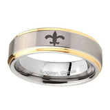 10mm-Fleur-De-Lis-Step-Edges-Gold-2-Tone-Tungsten-Carbide-Men's-Bands-Ring