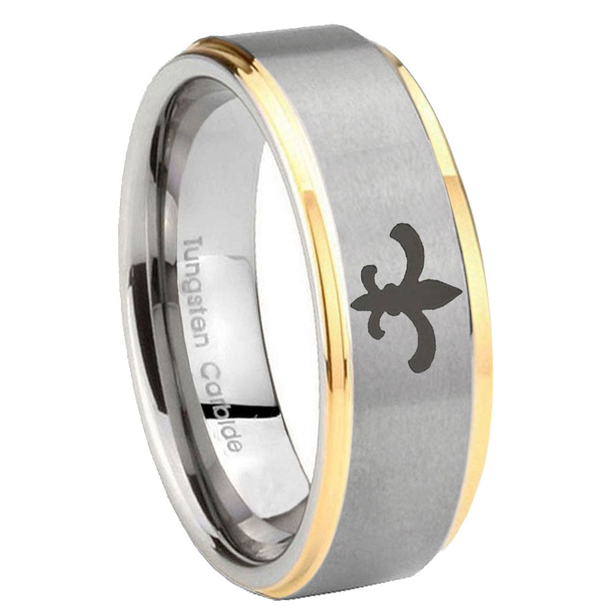 8mm Fleur-De-Lis Step Edges Gold 2 Tone Tungsten Ring