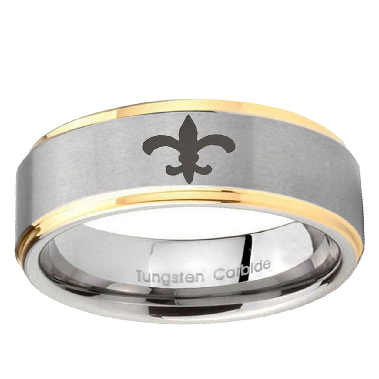 5mm Fleur-De-Lis Step Edges Gold 2 Tone Tungsten Ring