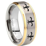 10mm-Multiple-Fleur-De-Lis-Step-Edges-Gold-2-Tone-Tungsten-Mens-Ring-Engraved