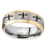 10mm-Multiple-Fleur-De-Lis-Step-Edges-Gold-2-Tone-Tungsten-Mens-Ring-Engraved