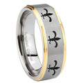 10mm Multiple Fleur Delis Step Edges Gold 2 Tone Tungsten Mens Ring Engraved