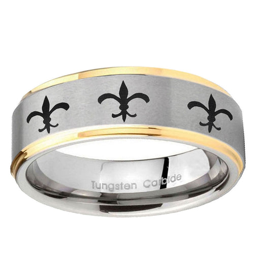 10mm Multiple Fleur-De-Lis Step Edge Gold 2 Tone Tungsten Ring