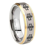 10mm-Multiple-Fleur-De-Lis-Step-Edges-Gold-2-Tone-Tungsten-Mens-Bands-Ring