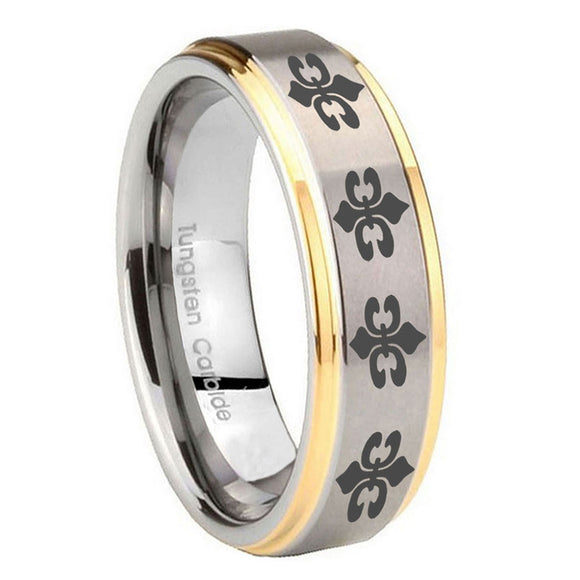 8mm-Multiple-Fleur-De-Lis-Step-Edges-Gold-2-Tone-Tungsten-Men's-Bands-Ring