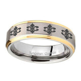 10mm-Multiple-Fleur-De-Lis-Step-Edges-Gold-2-Tone-Tungsten-Mens-Bands-Ring
