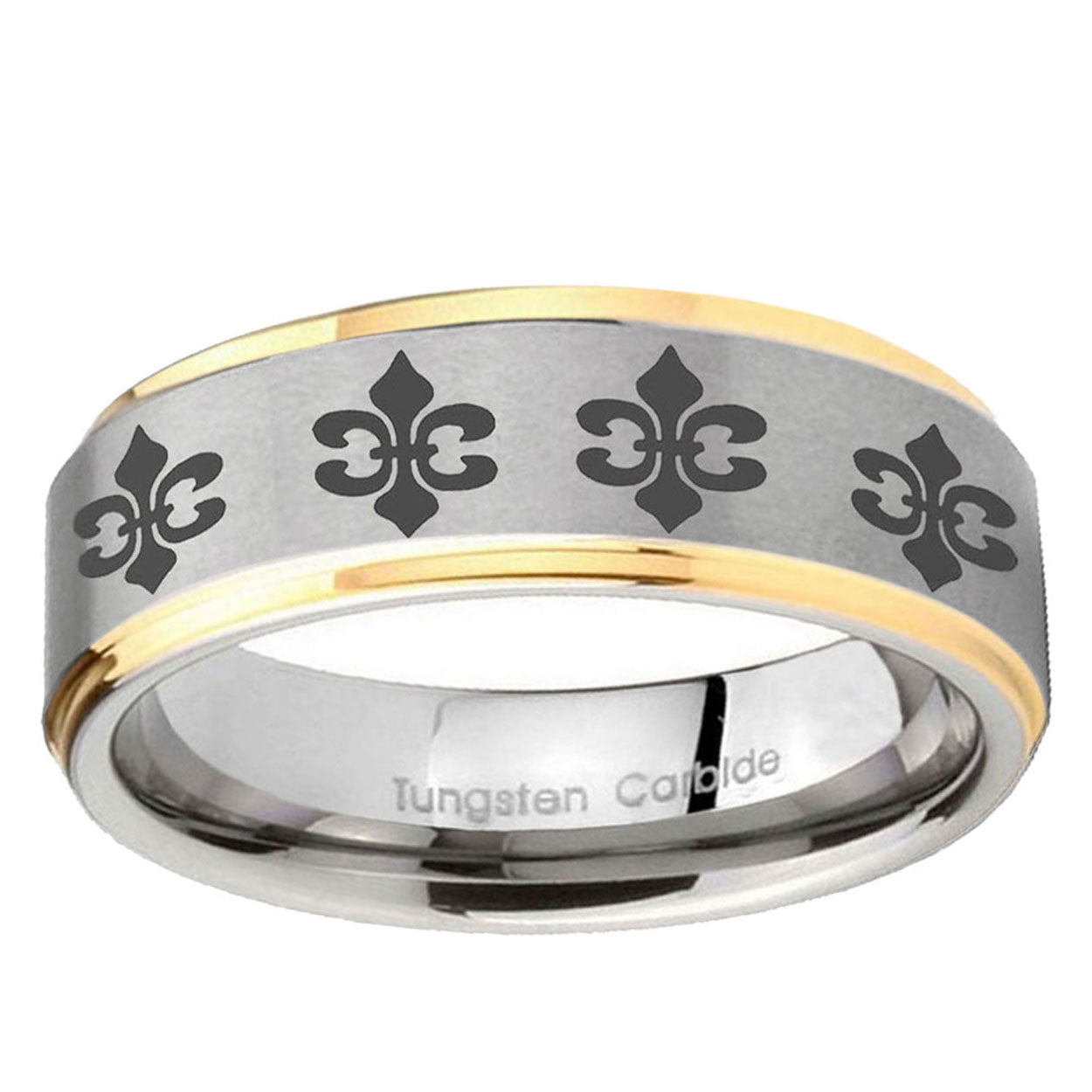 10mm Multiple Fleur-De-Lis Step Edge Gold 2 ToneTungsten Ring