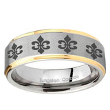 5, 8mm Multiple Fleur-De-Lis Step Edge Gold 2 Tone Tungsten Ring