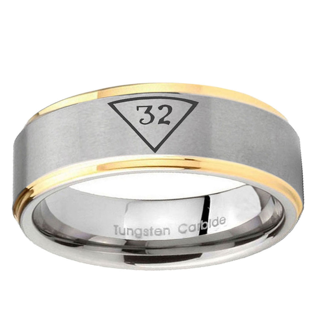 10mm Masonic 32 Triangle Freemason Step Edge Gold 2 Tone Tungsten Carbide Mens Ring