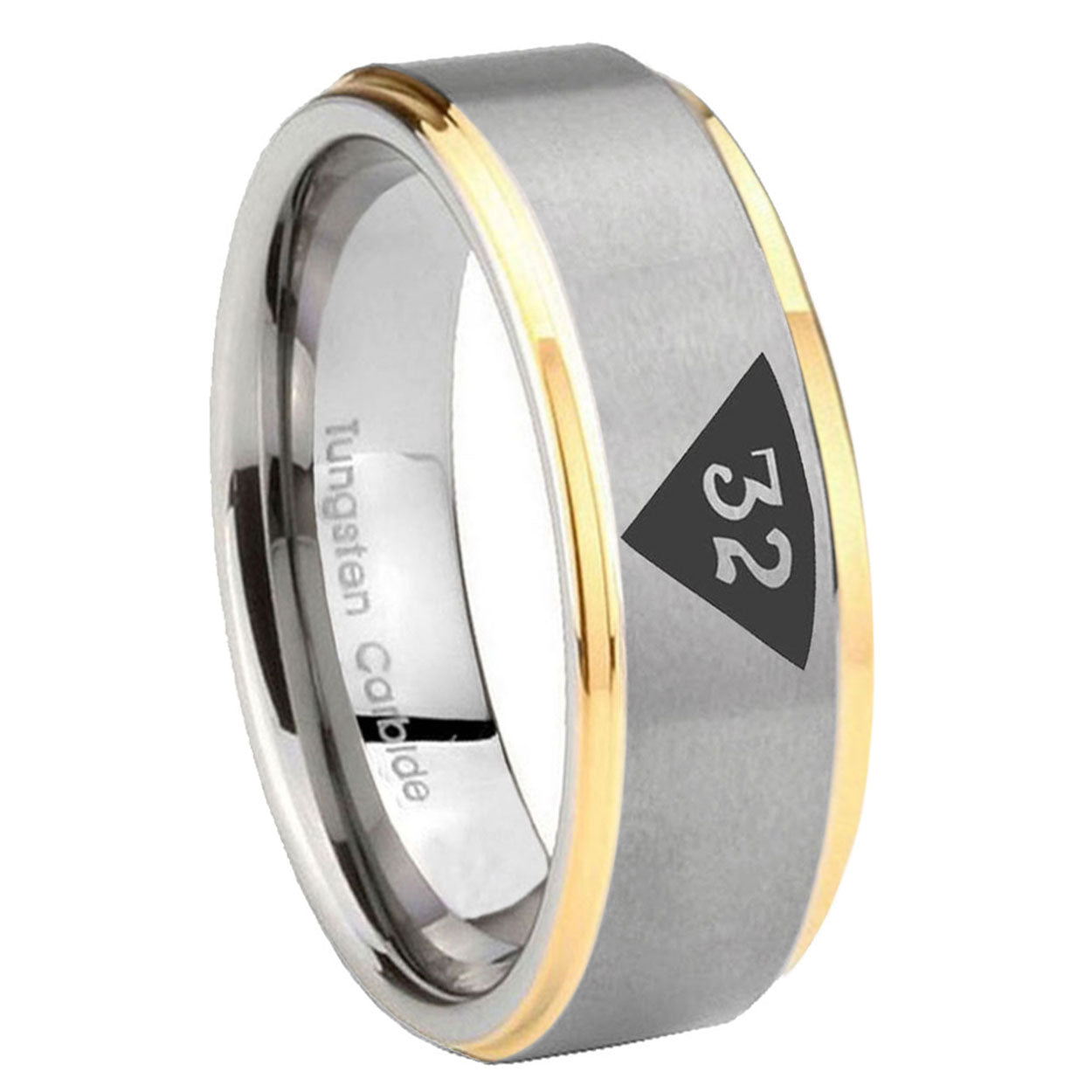10mm Masonic 32 Triangle Design Freemason Step Edges Gold 2 Tone Tungsten Carbide Mens Ring