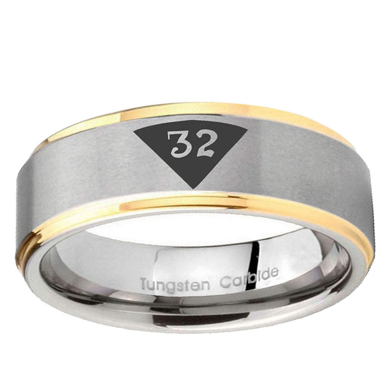 10mm Masonic 32 Triangle Design Freemason Step Edge Gold 2 Tone Tungsten Carbide Mens Ring
