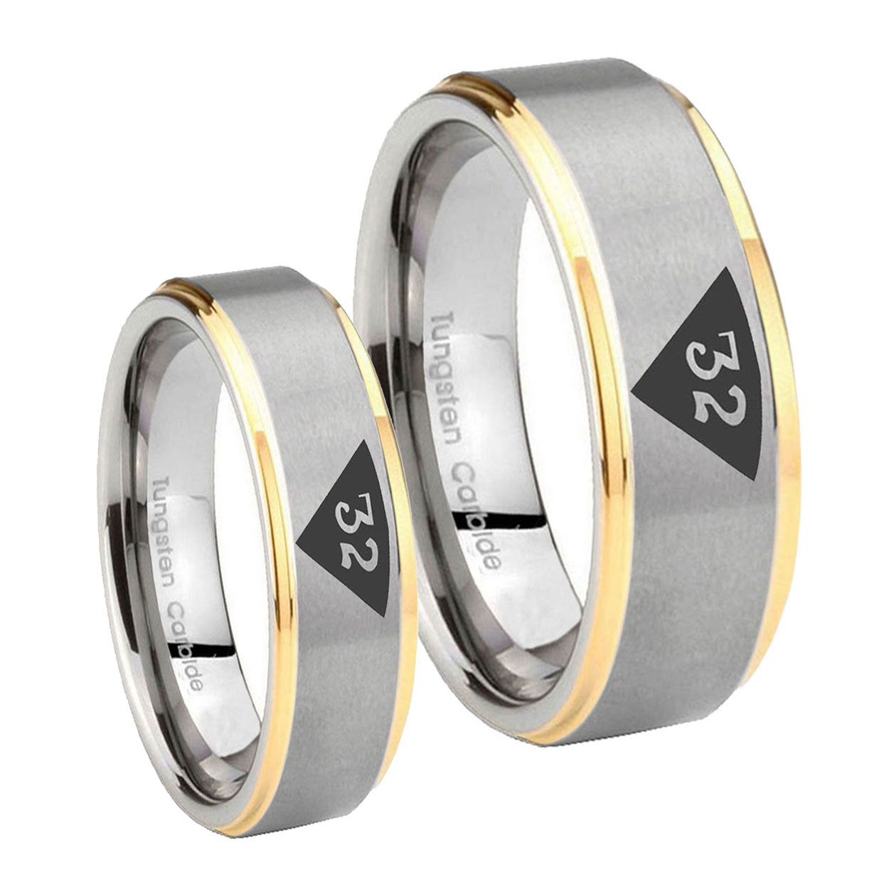 Masonic 32 Triangle Design Freemason Step Edges Gold 2 Tone Tungsten Couple Wedding Bands