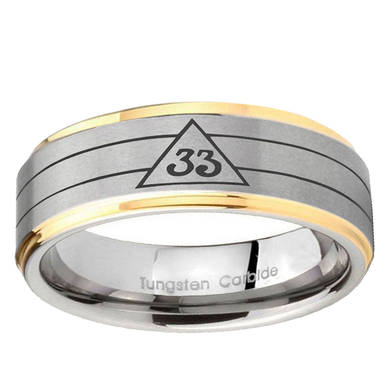 10mm Masonic 32 Duo Line Freemason Step Edge Gold 2 Tone Tungsten Carbide Mens Ring
